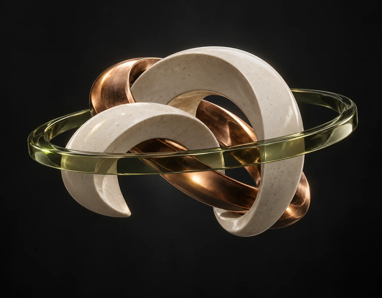 Riverflow 2 Pro editorial cover: a tactile interlocking ceramic arches, floating within a thin offset optical ring
