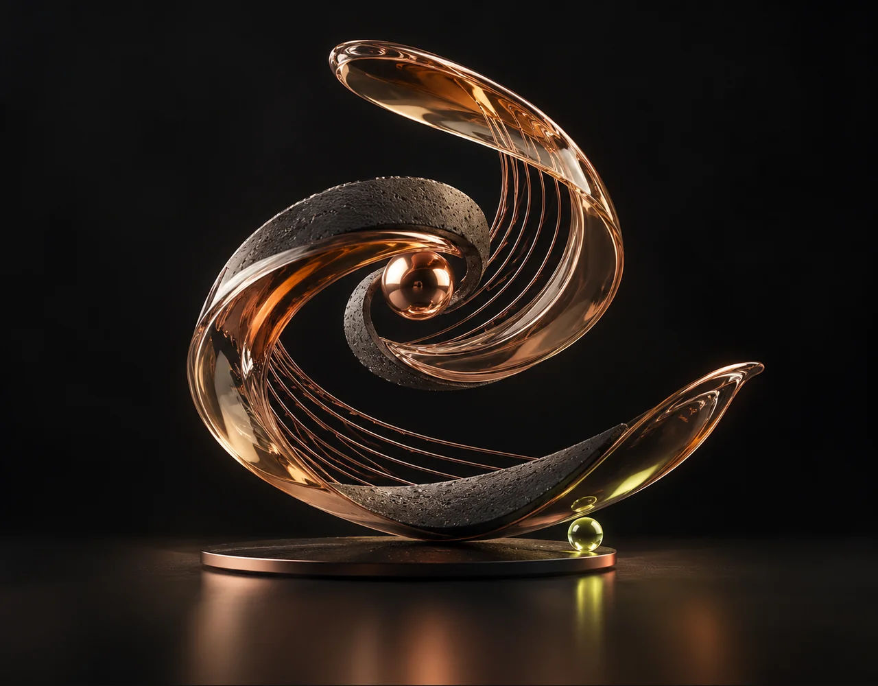 AI Music API editorial cover: a acoustic spiral with a flowing rhythmic glass contour, suspended over a single flat satin plane
