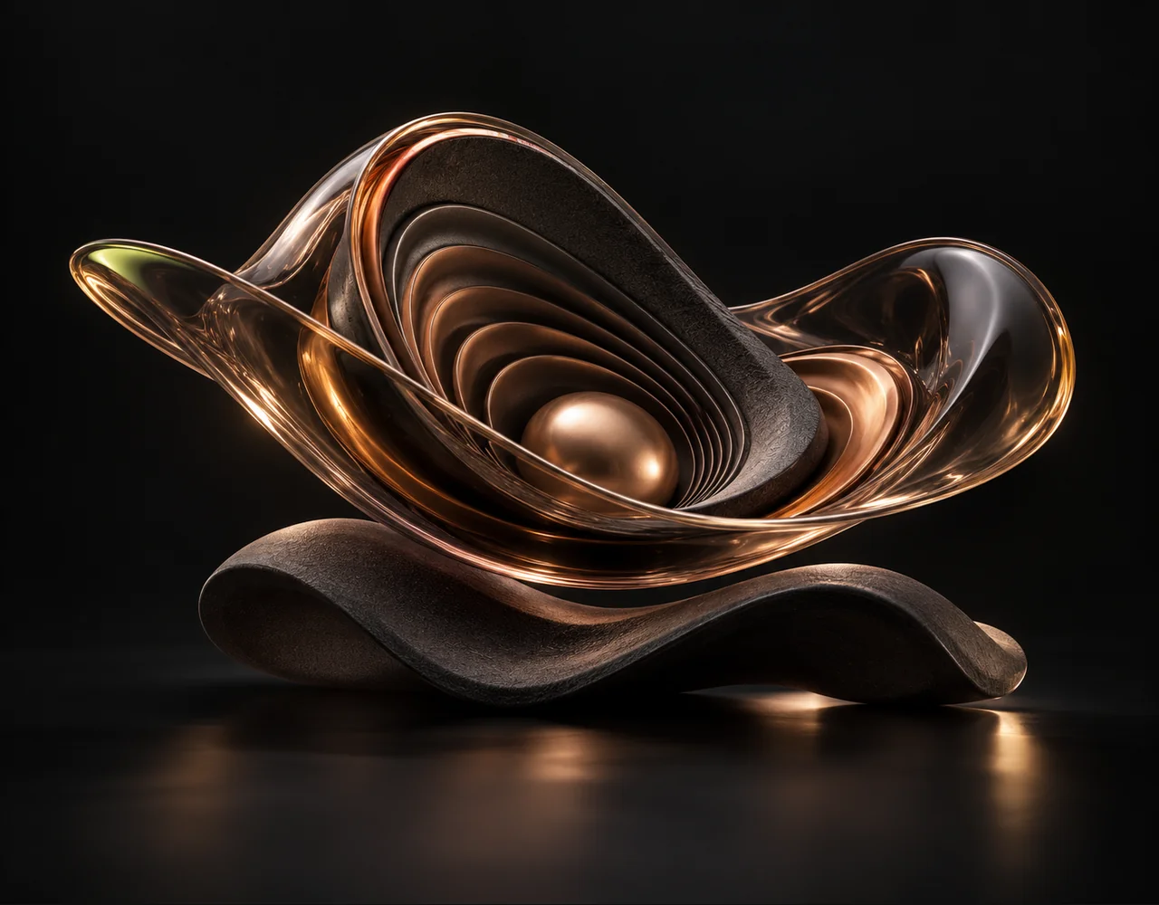Suno Music editorial cover: a nested acoustic shell with a flowing rhythmic glass contour, resting above one soft sculptural ripple