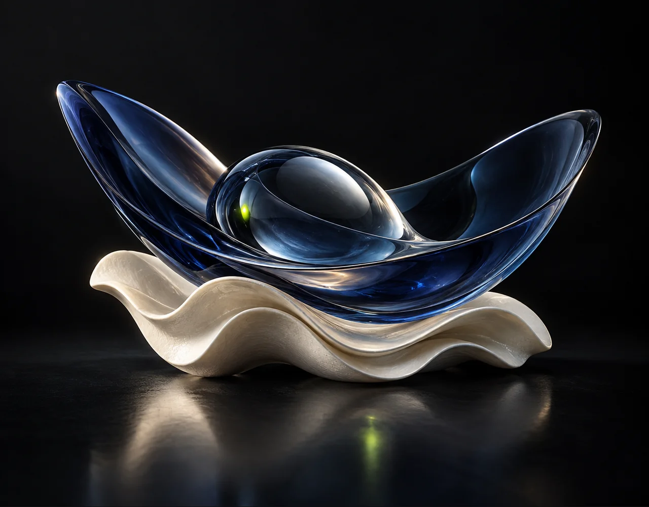 Lipsync 2 Pro editorial cover: a nested acoustic shell exchanging one continuous glass sound contour, resting above one soft sculptural ripple