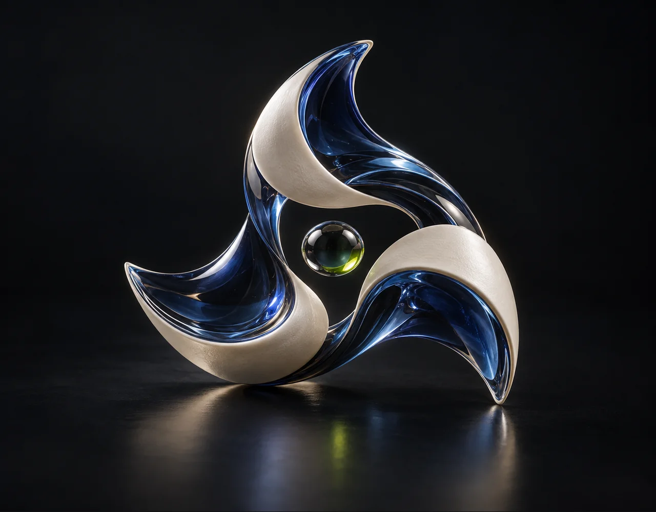 Lipsync 2 editorial cover: a three curved tuning fins exchanging one continuous glass sound contour, centred beside one small optical droplet
