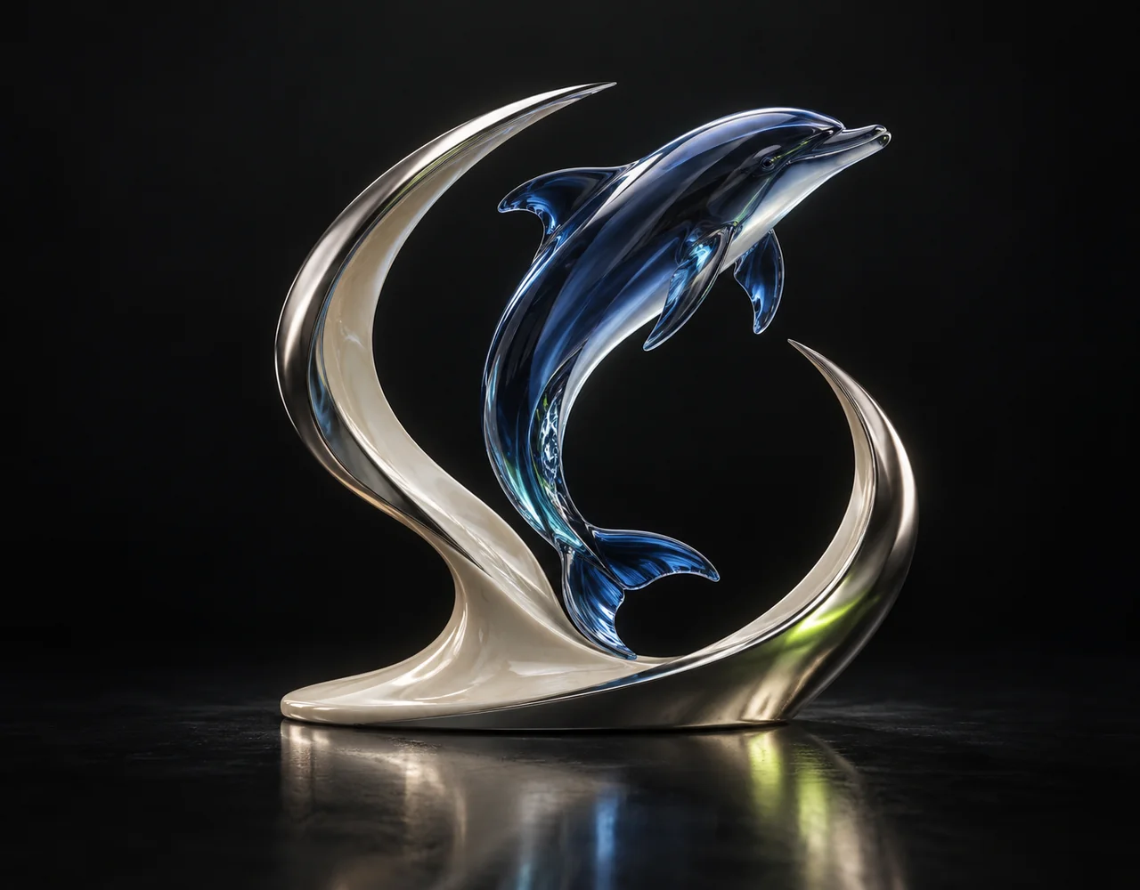 React 1 editorial cover: a leaping dolphin following one continuous elegant motion curve, embraced by two quiet curved metallic fins