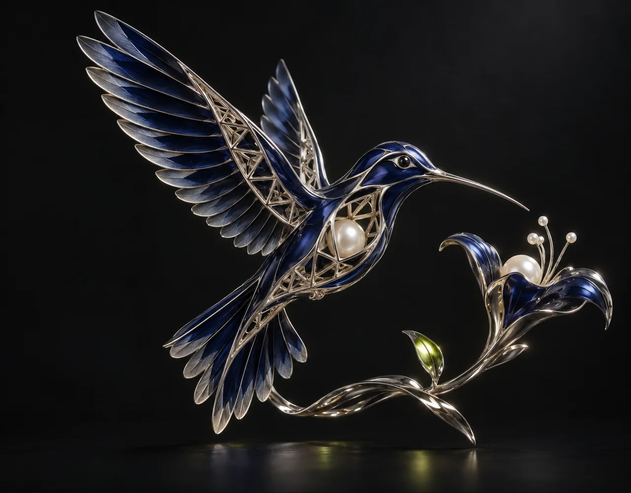 Hunyuan 3D 2 Base editorial cover: a refined sculptural hummingbird whose small open section reveals precise silver triangular topology, curving around a small pearl core