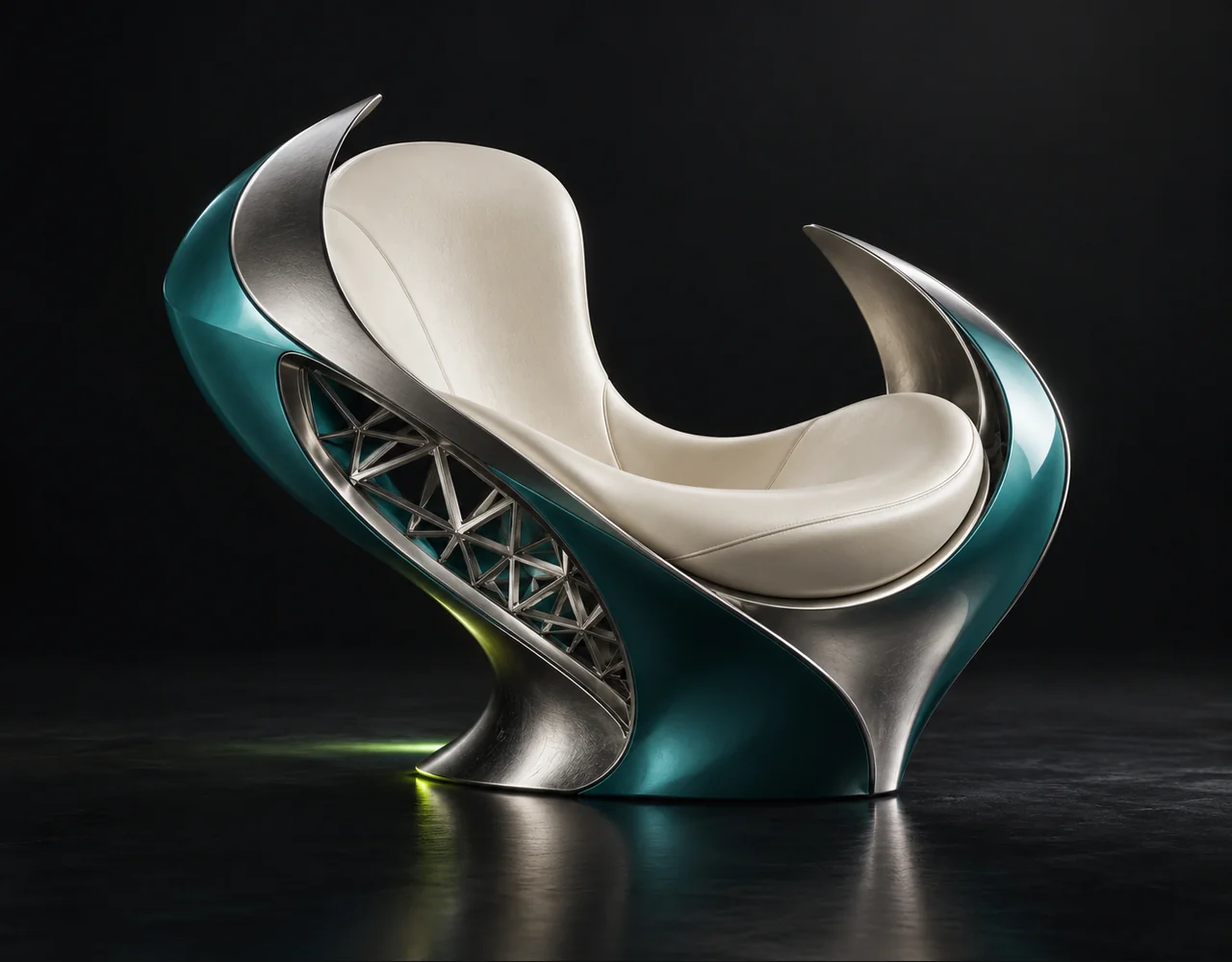 Tripo 3D 2.5 editorial cover: a refined curved modern chair whose small open section reveals precise silver triangular topology, embraced by two quiet curved metallic fins