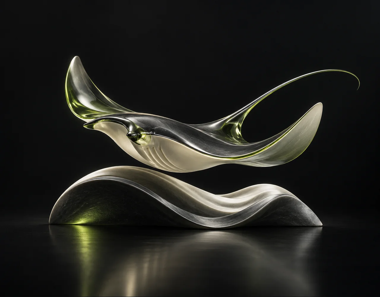 Fabric 1 editorial cover: a flowing manta ray following one continuous elegant motion curve, resting above one soft sculptural ripple
