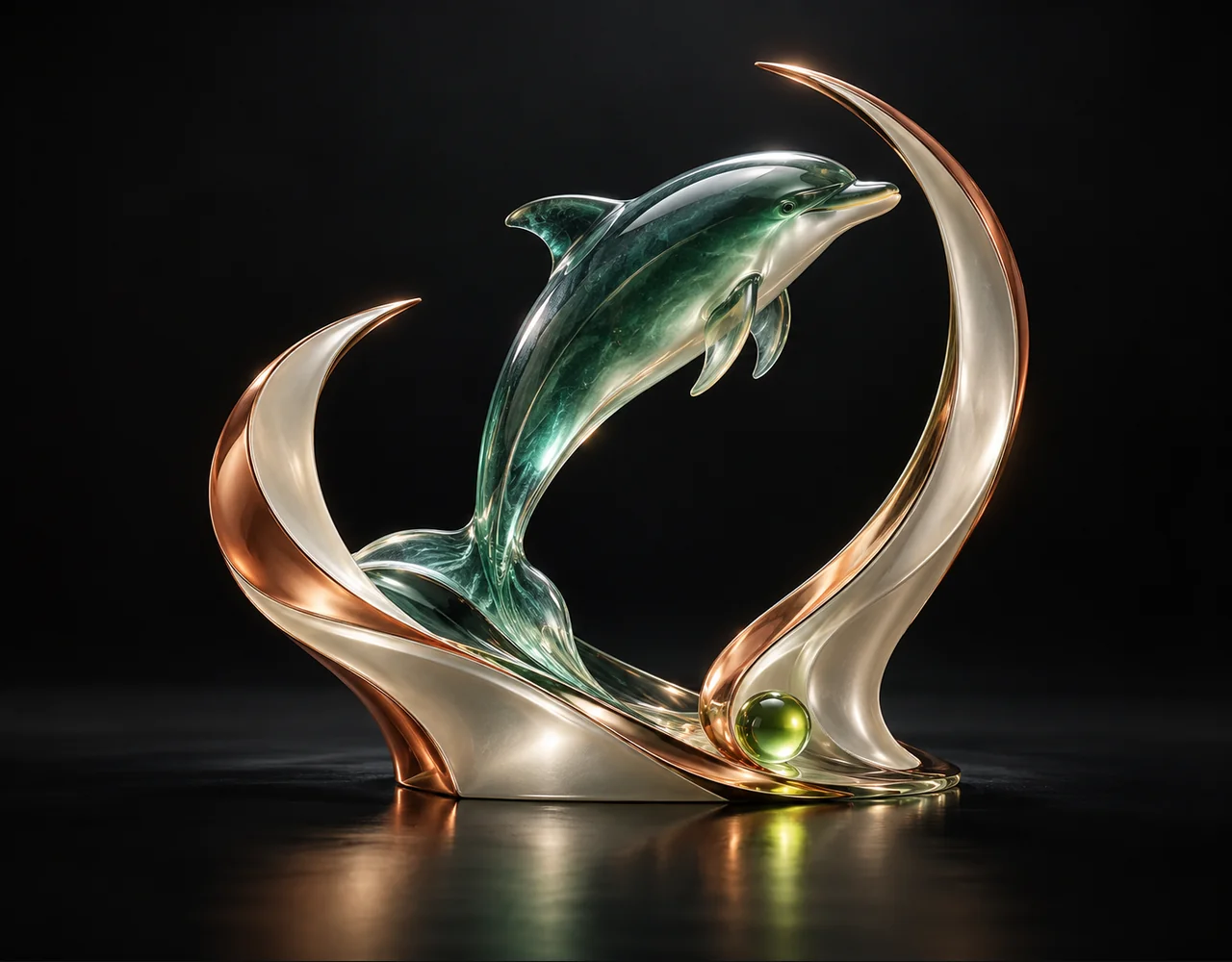 Vidu 2 editorial cover: a leaping dolphin following one continuous elegant motion curve, embraced by two quiet curved metallic fins