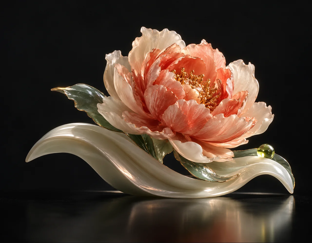 Vidu Q1 editorial cover: a tactile sculptural peony, resting above one soft sculptural ripple