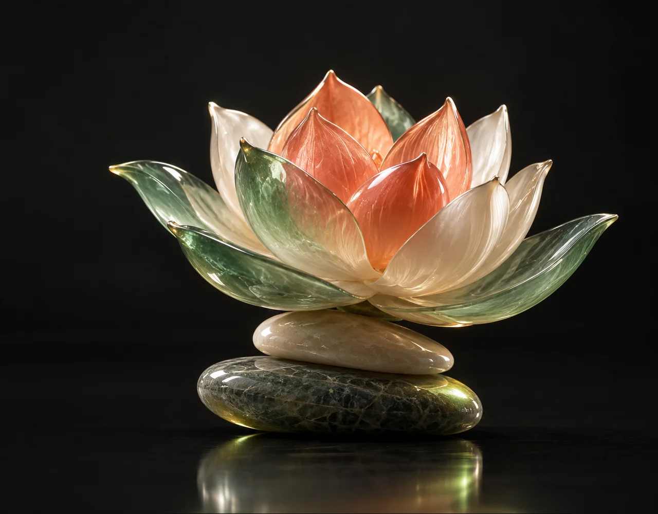 Vidu Q2 editorial cover: a tactile folded lotus, balanced over two low contrasting pebbles
