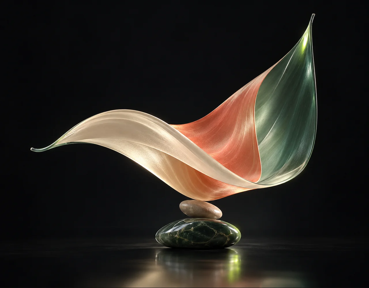 Vidu Q3 Ad editorial cover: a flowing sail following one continuous elegant motion curve, balanced over two low contrasting pebbles