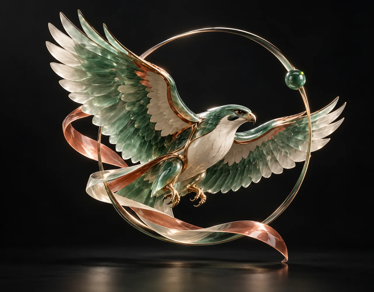 Vidu Template editorial cover: a banking falcon following one continuous elegant motion curve, floating within a thin offset optical ring