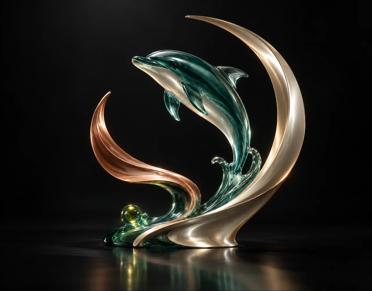 Vidu editorial cover: a leaping dolphin following one continuous elegant motion curve, embraced by two quiet curved metallic fins
