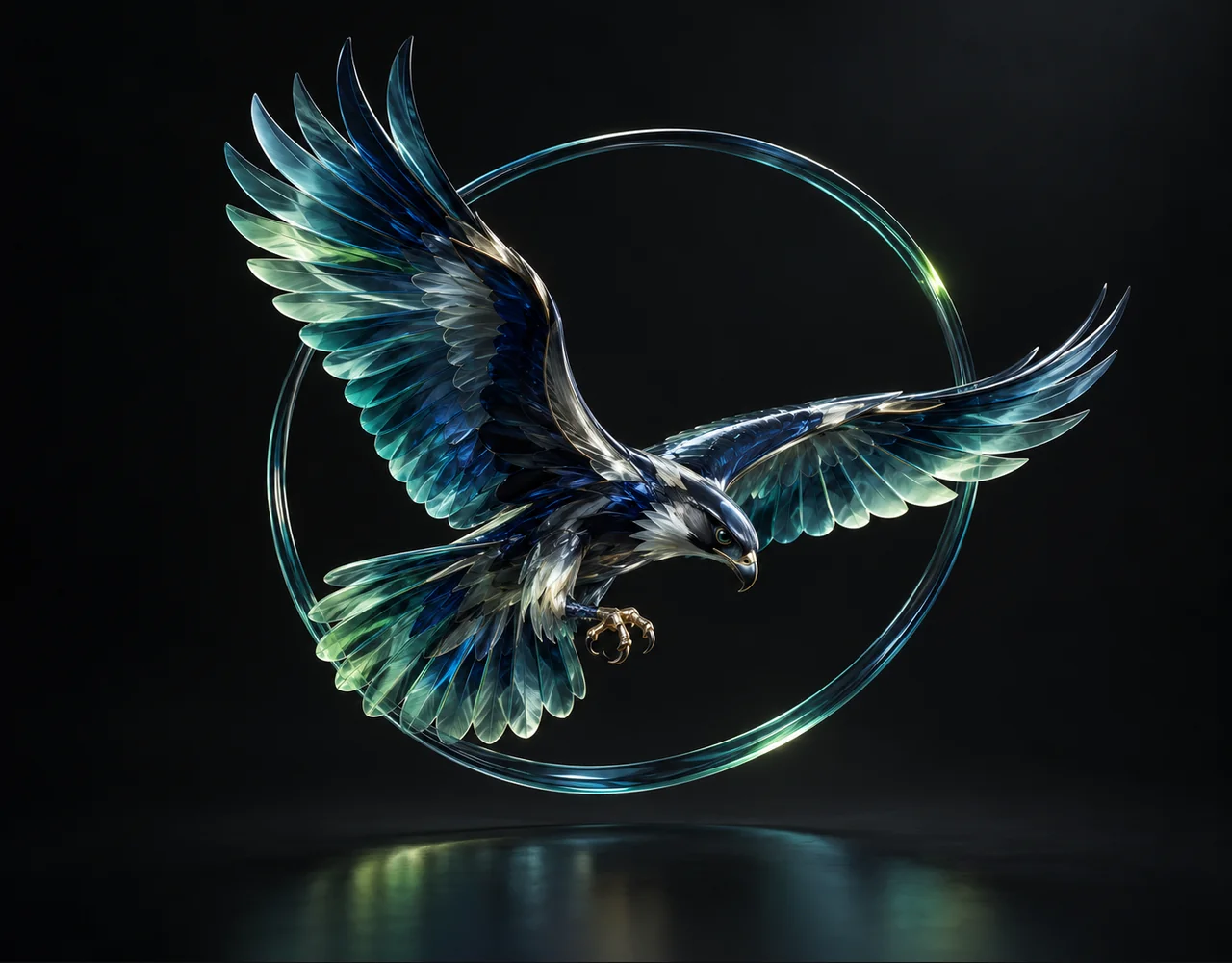 Wan 2.2 A14b Turbo editorial cover: a banking falcon following one continuous elegant motion curve, floating within a thin offset optical ring