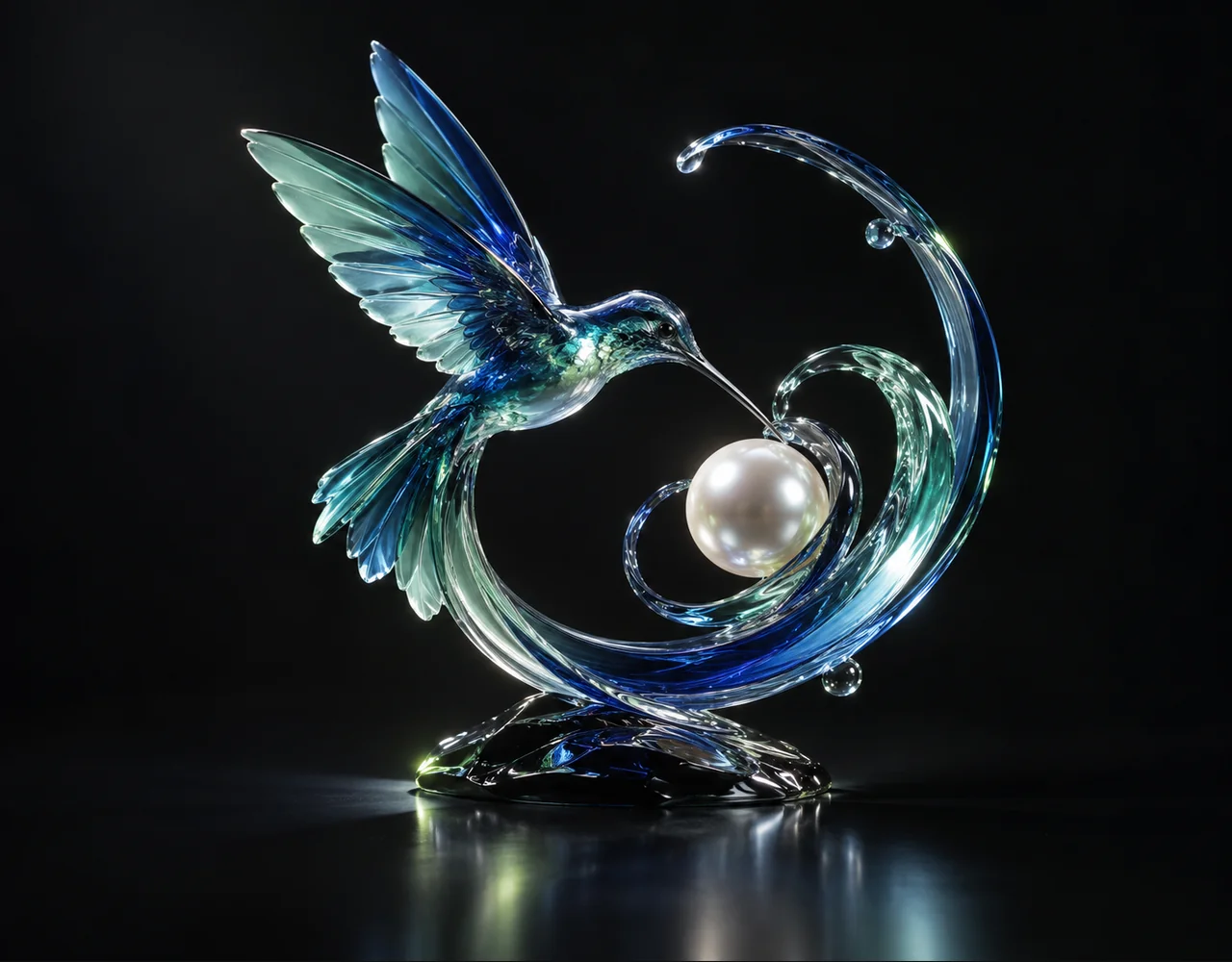 Wan 2.5 editorial cover: a swift hummingbird following one continuous elegant motion curve, curving around a small pearl core