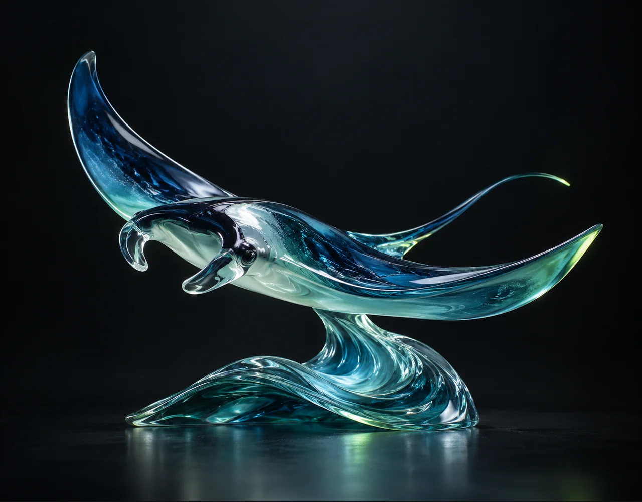Wan 2.6 editorial cover: a flowing manta ray following one continuous elegant motion curve, resting above one soft sculptural ripple