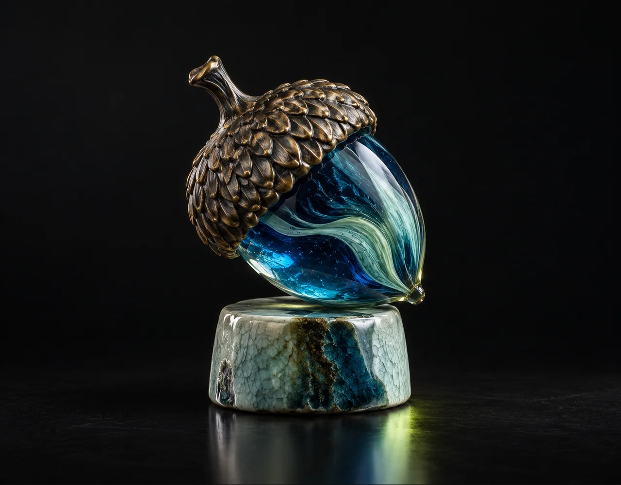 Wan 2.7 Pro editorial cover: a tactile sculptural acorn, balanced on a small contrasting ceramic plinth