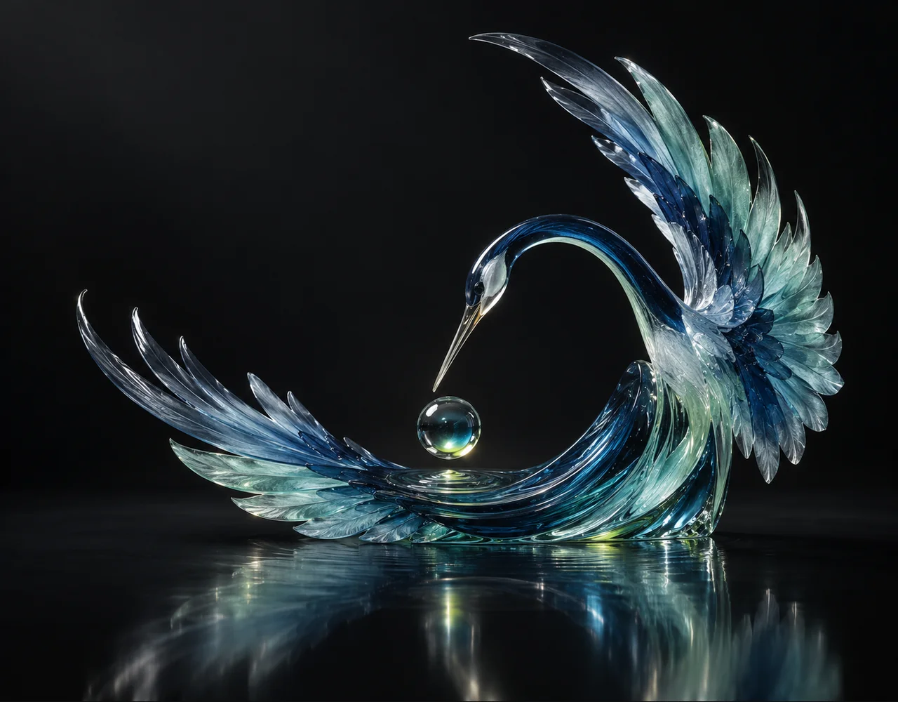 Wan 2.7 editorial cover: a sweeping crane wing following one continuous elegant motion curve, centred beside one small optical droplet