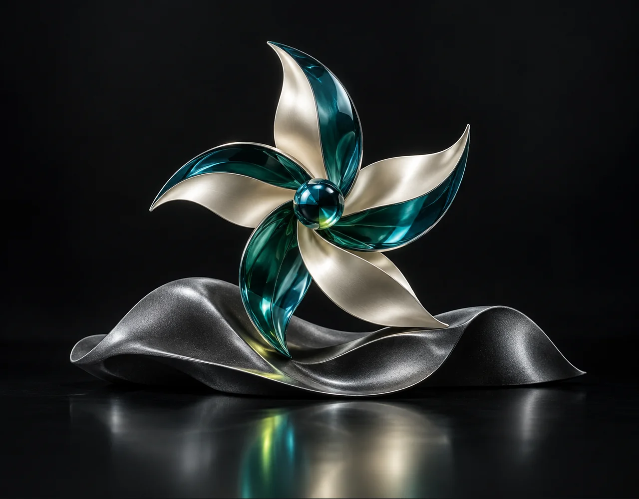 Grok Imagine Image editorial cover: a tactile satin pinwheel, resting above one soft sculptural ripple