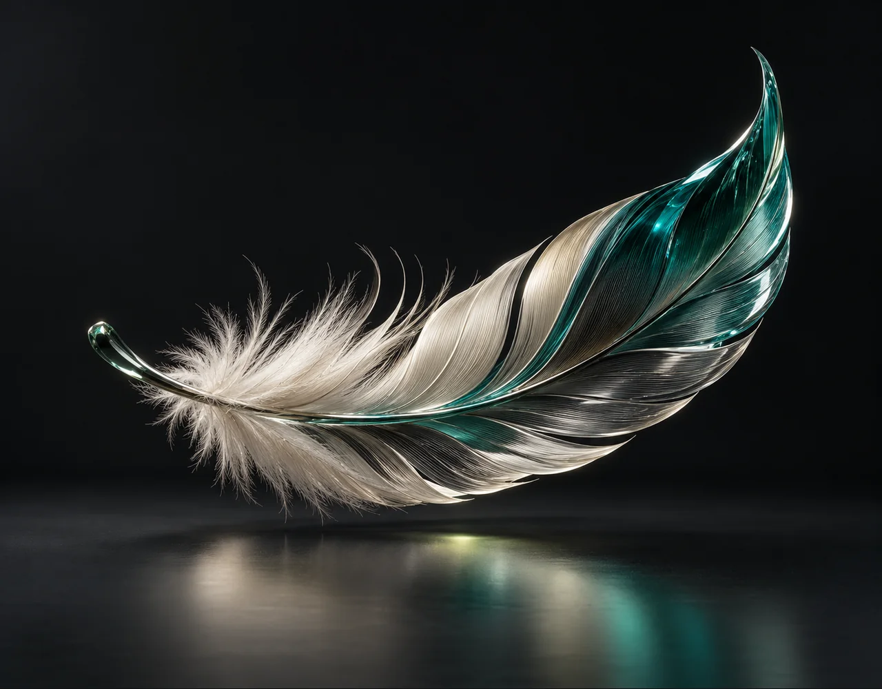 Grok Imagine editorial cover: a tactile curved feather, suspended over a single flat satin plane