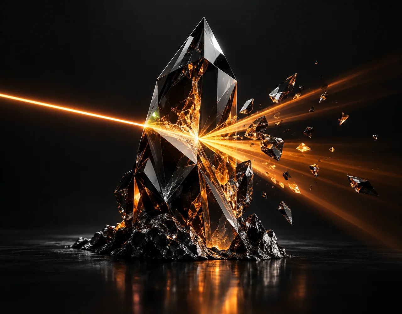 FLUX.1.1 [pro] Ultra editorial cover: a dramatic black chrome alpine crystal splitting one incandescent orange beam