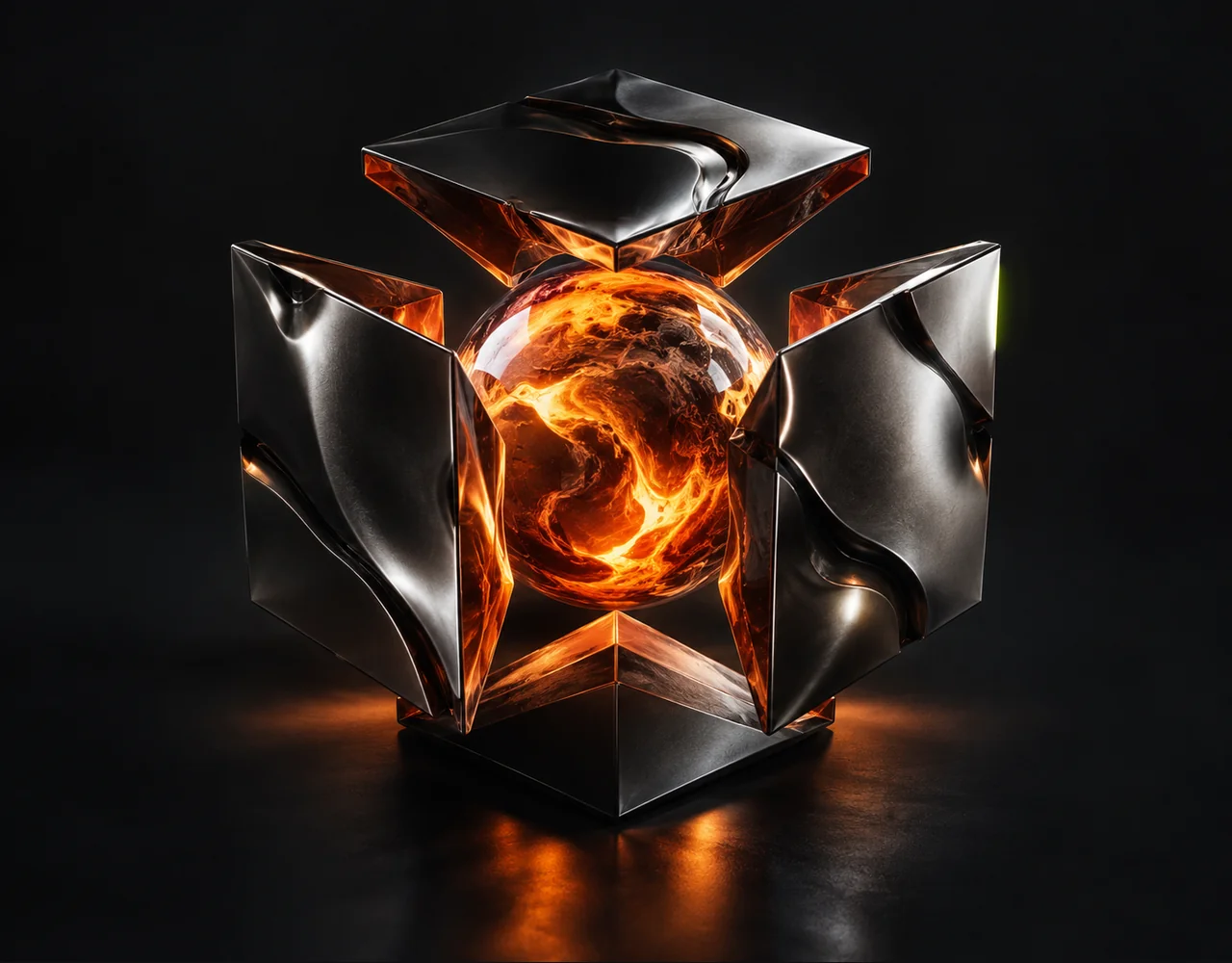 FLUX.1.1 [pro] editorial cover: a precise dark metal cube unfolded around an ember-orange orb