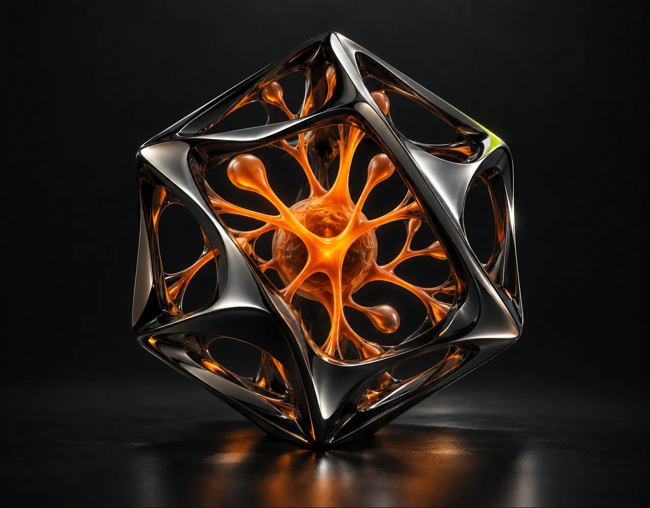 FLUX.1 [dev] editorial cover: an open black chrome polyhedron enclosing an orange branching seed