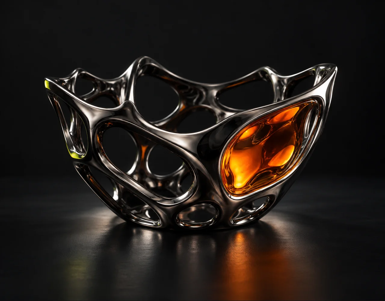 FLUX.1 Fill [dev] editorial cover: an open dark chrome lattice vessel with one orange glass inset