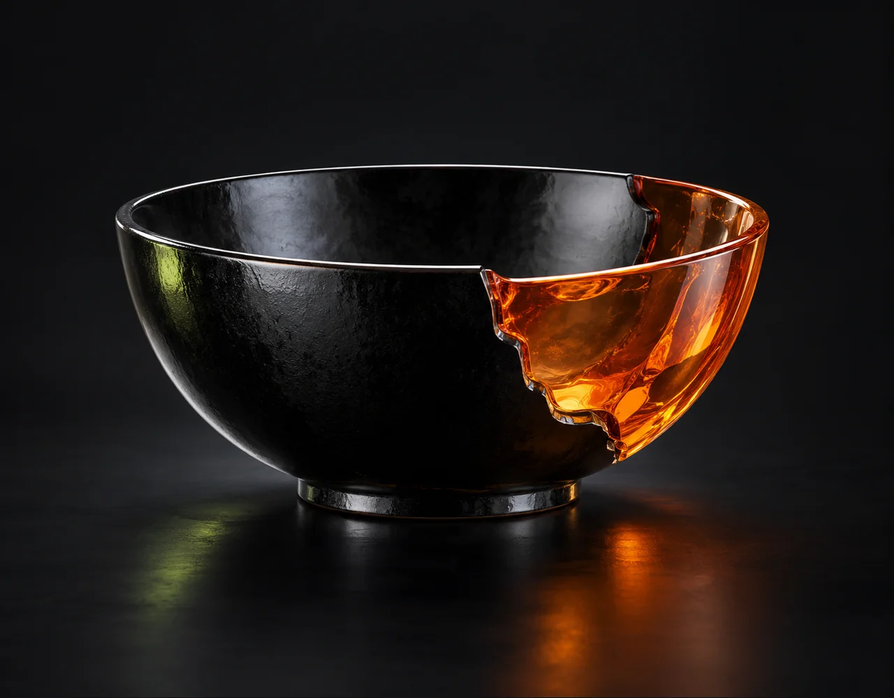 FLUX.1 Fill [pro] editorial cover: a black ceramic bowl with one missing section restored in translucent orange glass