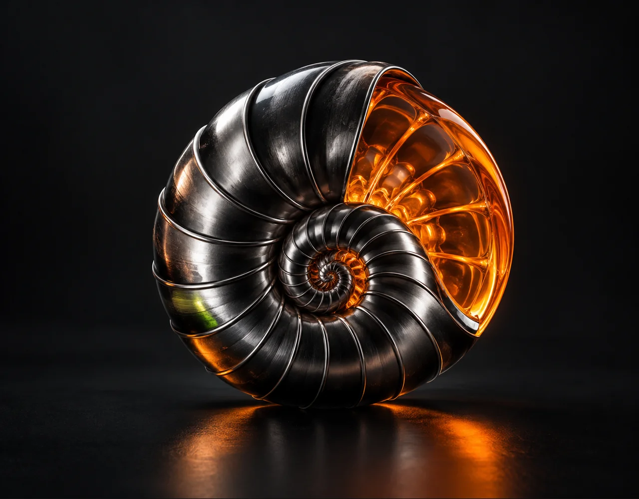 FLUX.1 Kontext [dev] editorial cover: a black metal spiral shell with one transparent orange inset revealing its structure
