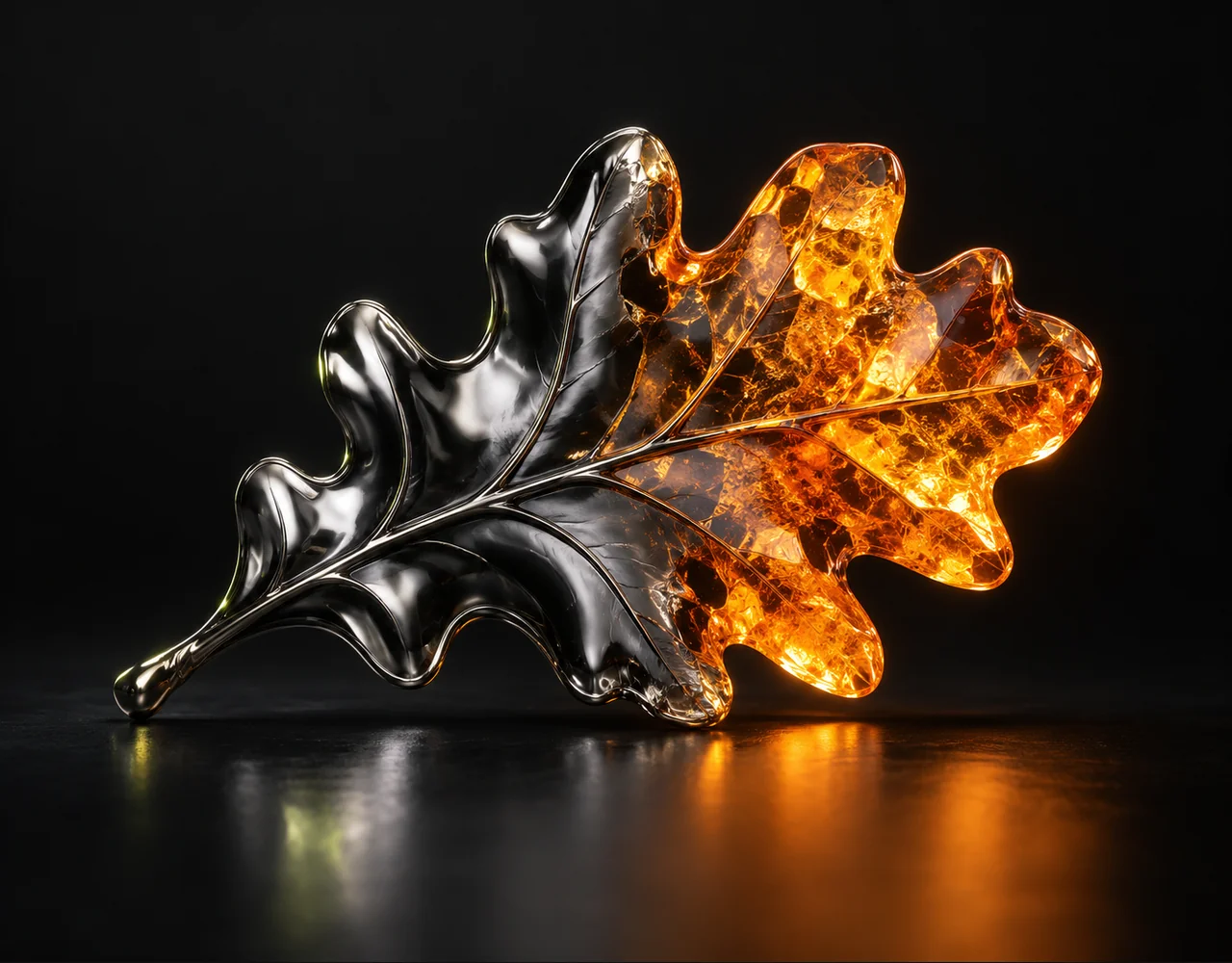 FLUX.1 Kontext [max] editorial cover: a chrome sculptural oak leaf transforming halfway into glowing amber crystal