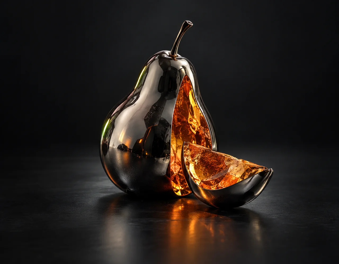 FLUX.1 Kontext [pro] editorial cover: a black chrome pear whose one sliced wedge becomes an amber translucent crystal, seamless precise material transition