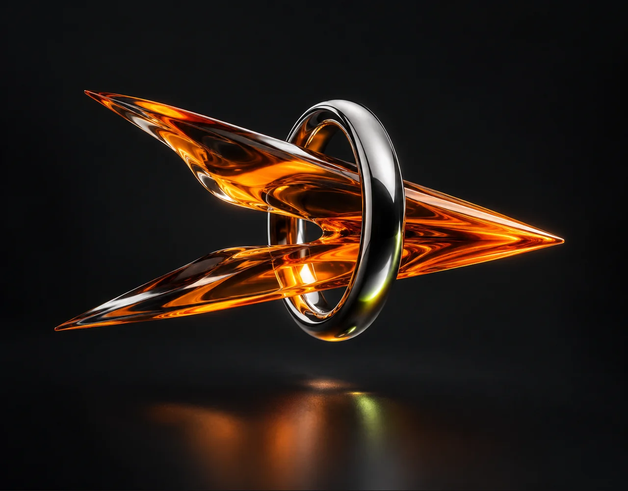 FLUX.1 [schnell] editorial cover: a swift orange glass arrow-shaped wing passing a small chrome ring