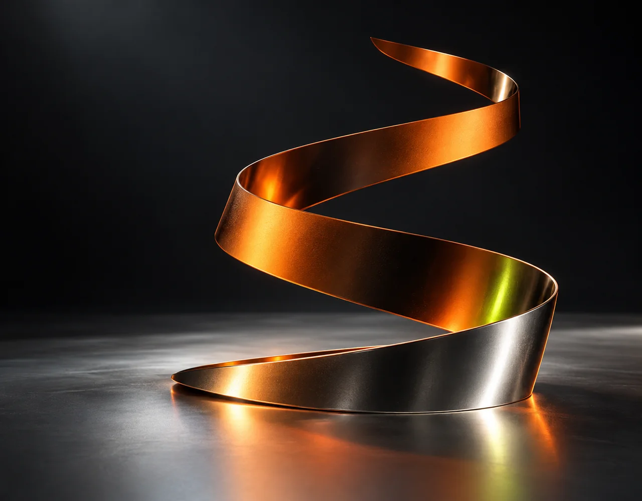 FLUX.2 [flex] editorial cover: an elegant flexible orange metal ribbon forming an open asymmetric spiral over a silver plane