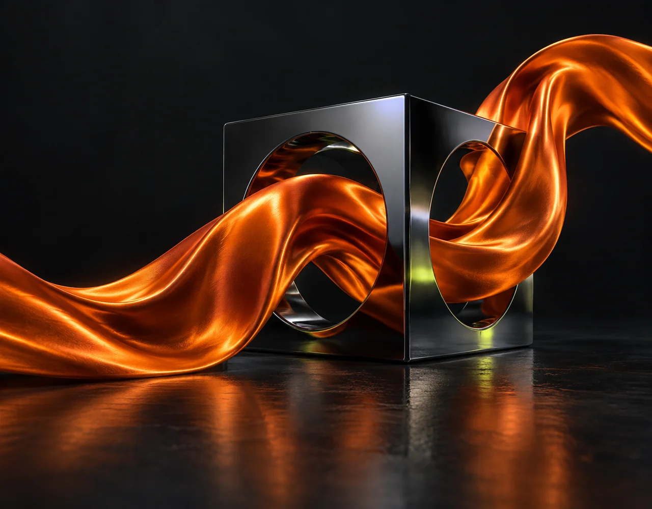 FLUX.2 [pro] editorial cover: a bold molten-orange satin loop flowing through a precisely machined dark chrome cube