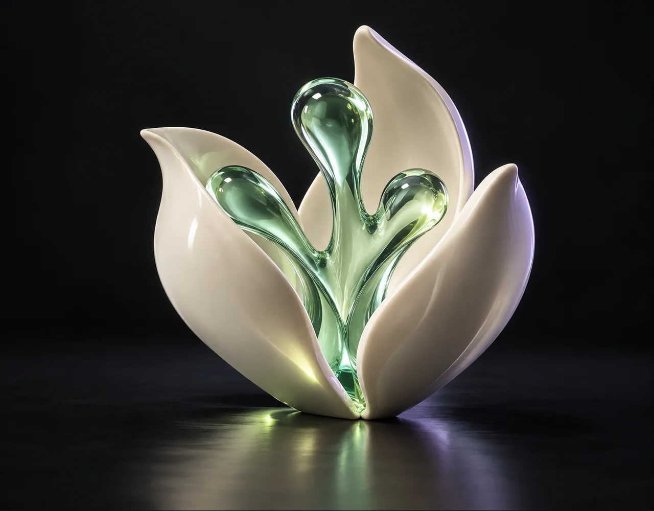 Bria 3.2 editorial cover: three cream ceramic petals embracing a mint glass branching core
