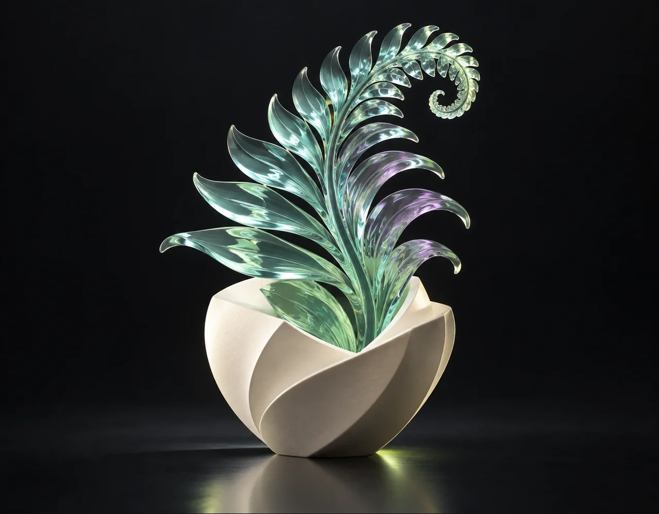 Bria FIBO editorial cover: a mint glass sculptural fern unfolding from a cream geometric vessel