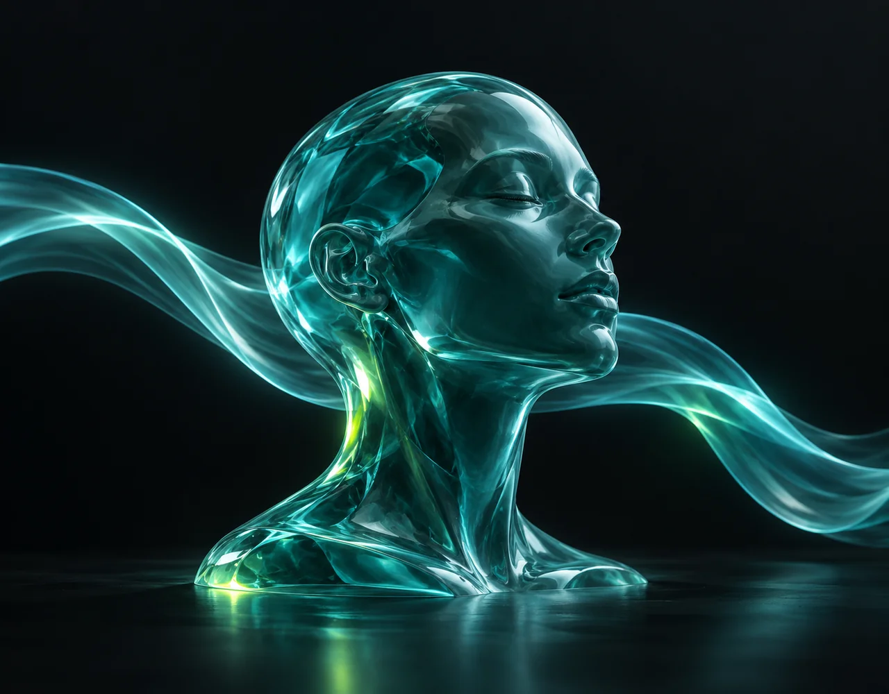 OmniHuman-1.5 editorial cover: a dignified abstract human head sculpted in translucent teal glass, smooth anatomically clean face and one flowing cyan sound ribbon