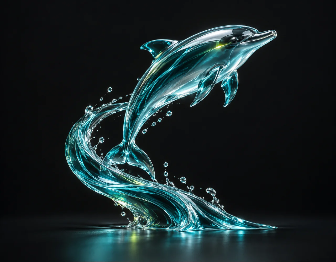 Seedance 1.0 Pro Fast editorial cover: a teal glass dolphin leaping through a single flowing cyan wake
