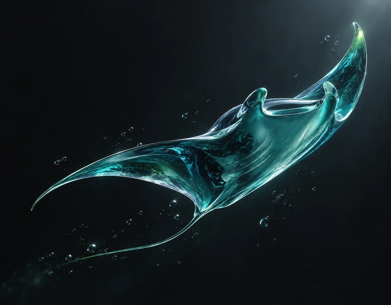 Seedance 1.0 Pro editorial cover: a teal glass manta ray sweeping upward through a gentle cinematic arc, distinct from the kingfisher and frame ribbon of later siblings