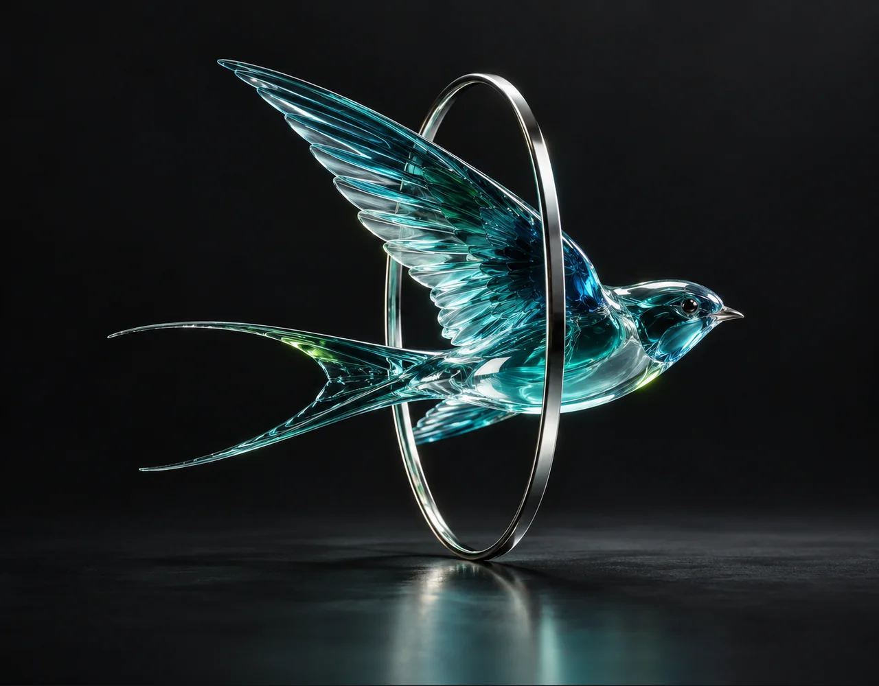 Seedance 2.0 Fast editorial cover: a teal glass swift banking through one narrow silver hoop