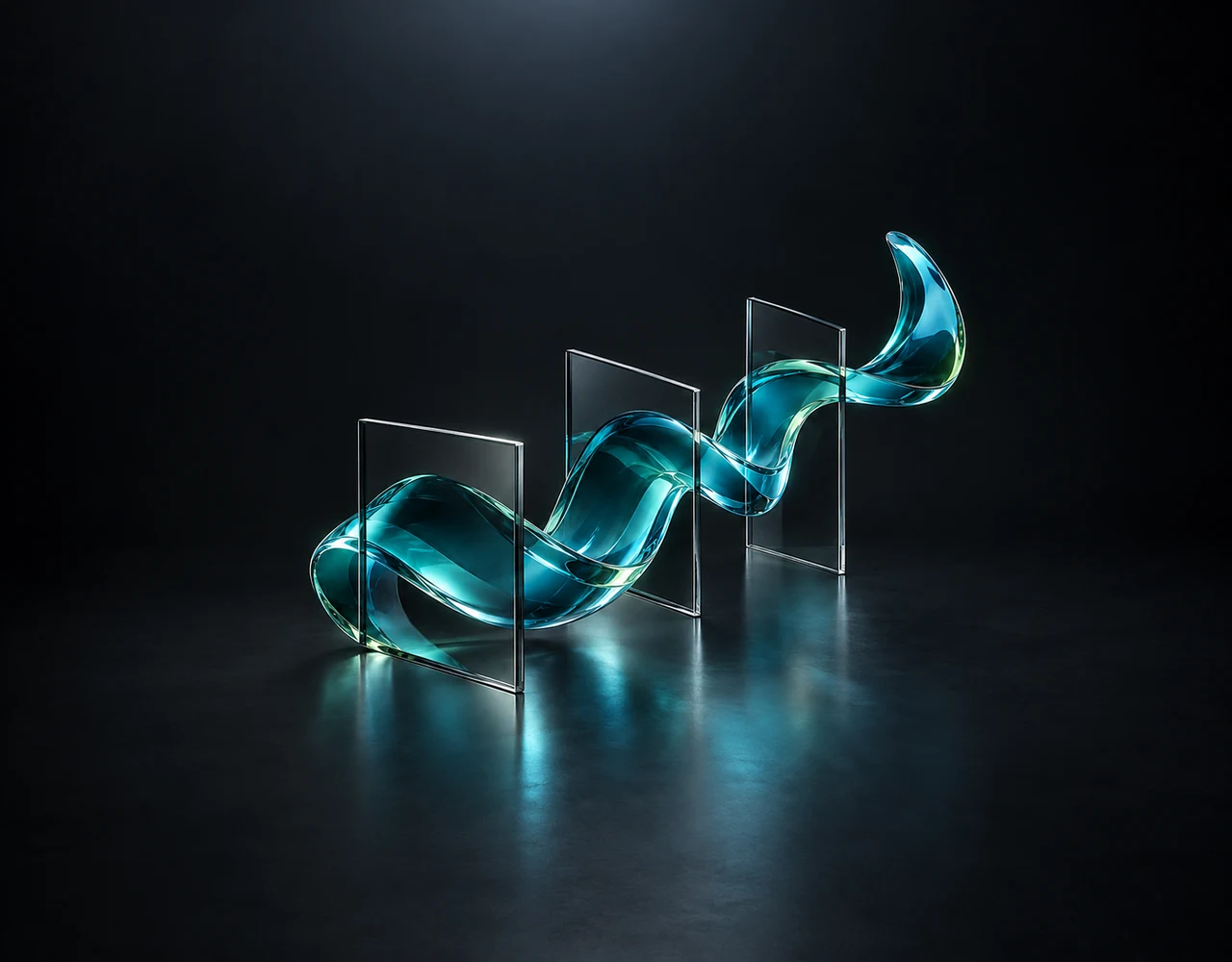 Seedance 2.5 editorial cover: luminous teal glass ribbon passing through three frames