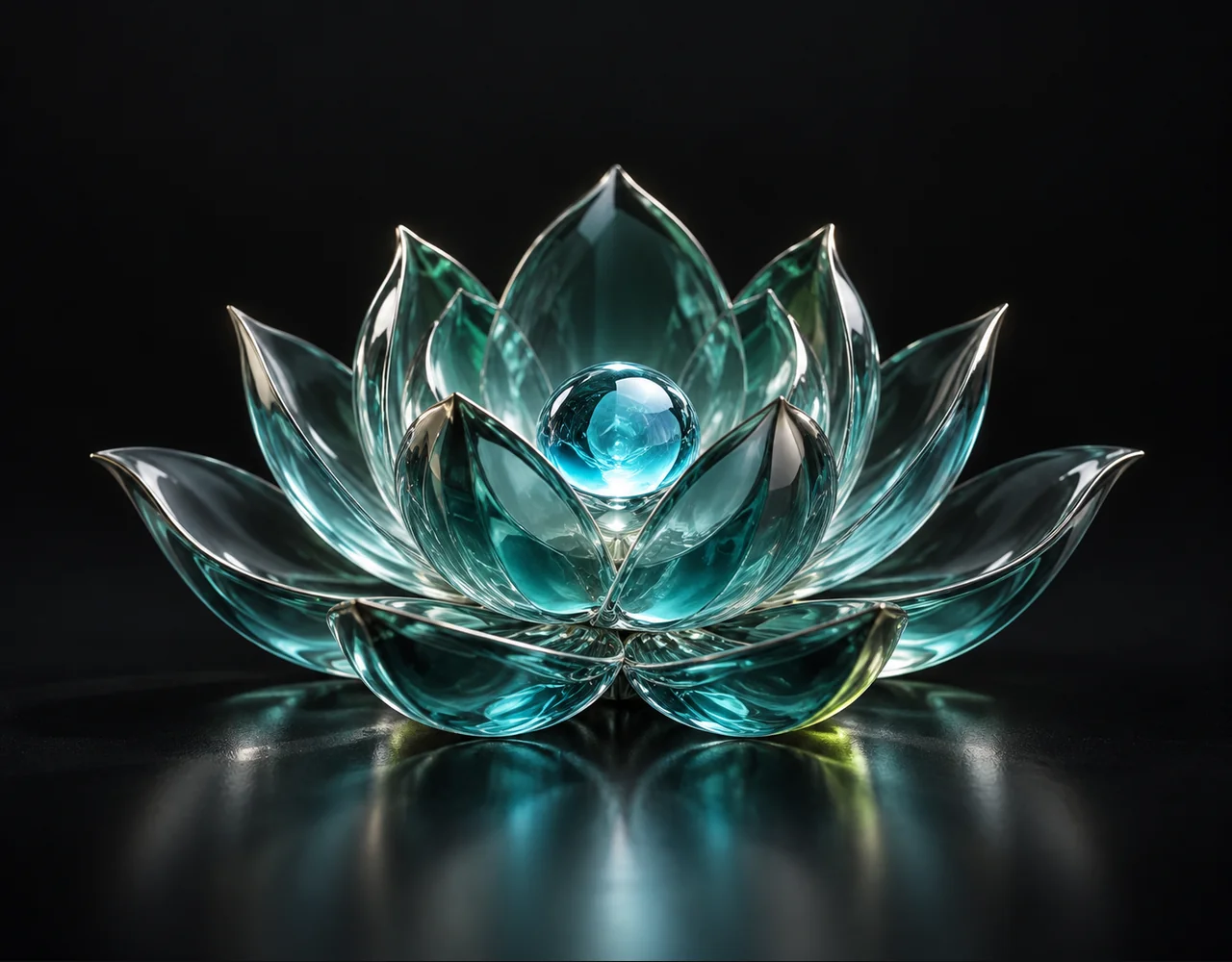 Seedream 4.0 editorial cover: a teal optical lotus cupping a small cyan glass seed