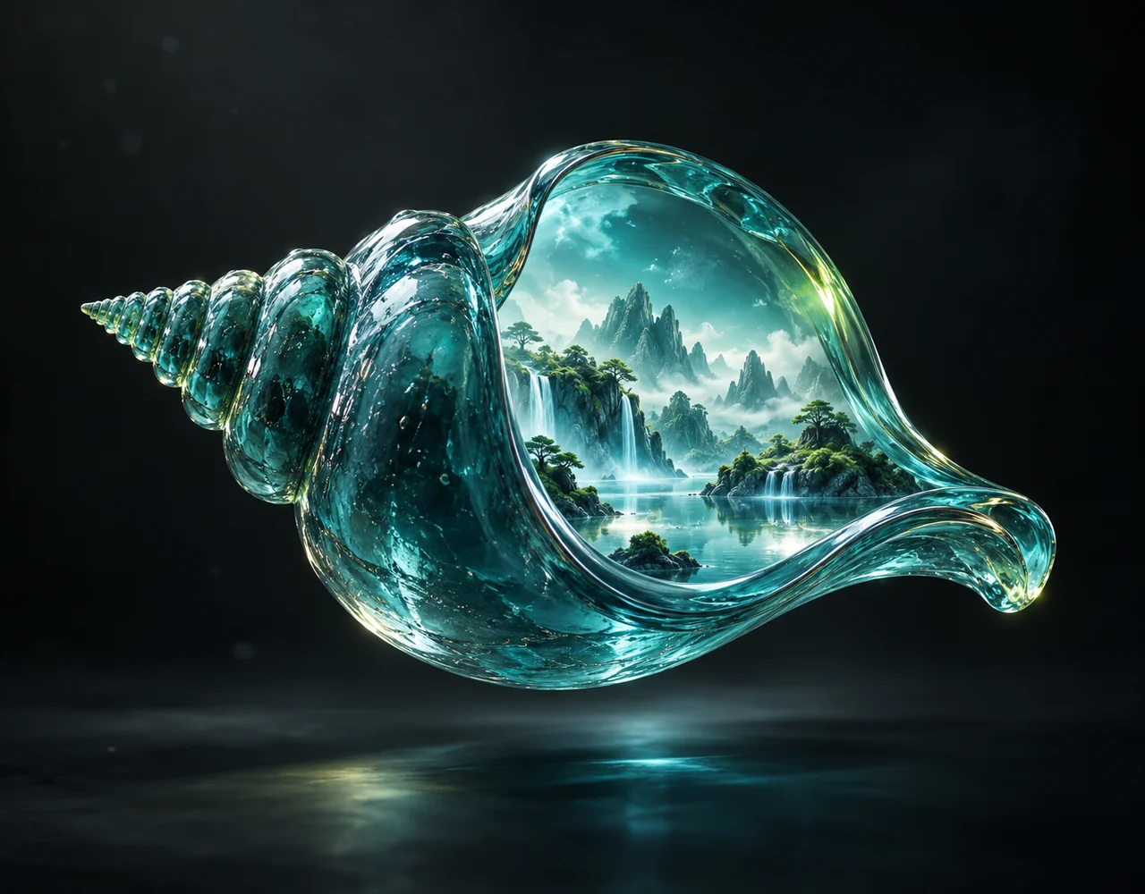Seedream 4.5 editorial cover: a suspended teal glass seashell whose spiral encloses a soft cyan dreamlike miniature landscape