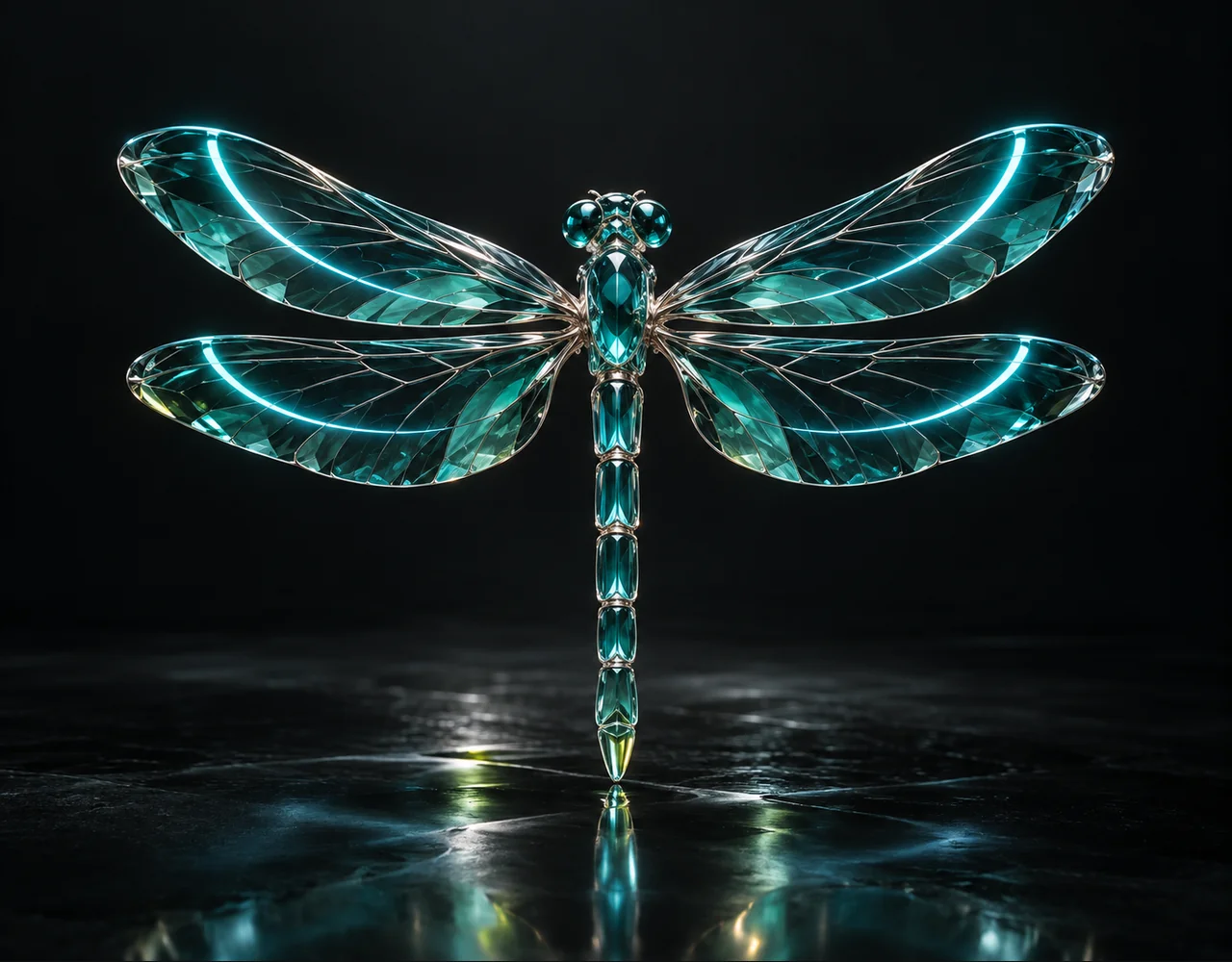Seedream 5.0 Flash editorial cover: a teal glass dragonfly with two crisp luminous cyan wing arcs