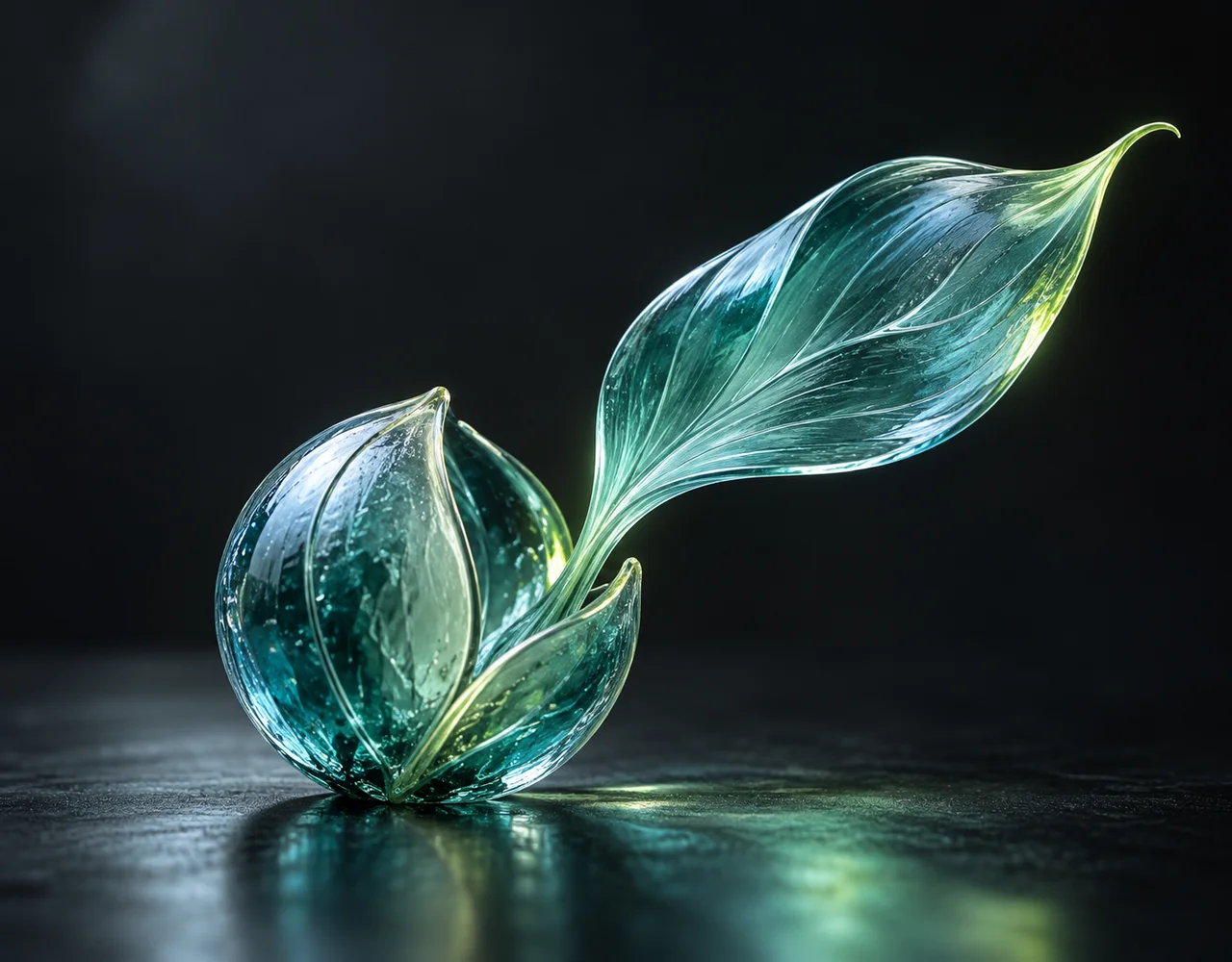 Seedream 5.0 Lite editorial cover: a light teal glass seed pod opening into one flowing translucent leaf