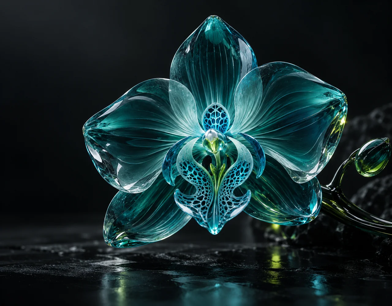 Seedream 5.0 Pro editorial cover: a teal glass orchid with precisely layered architectural petals and an intricate cyan inner lattice