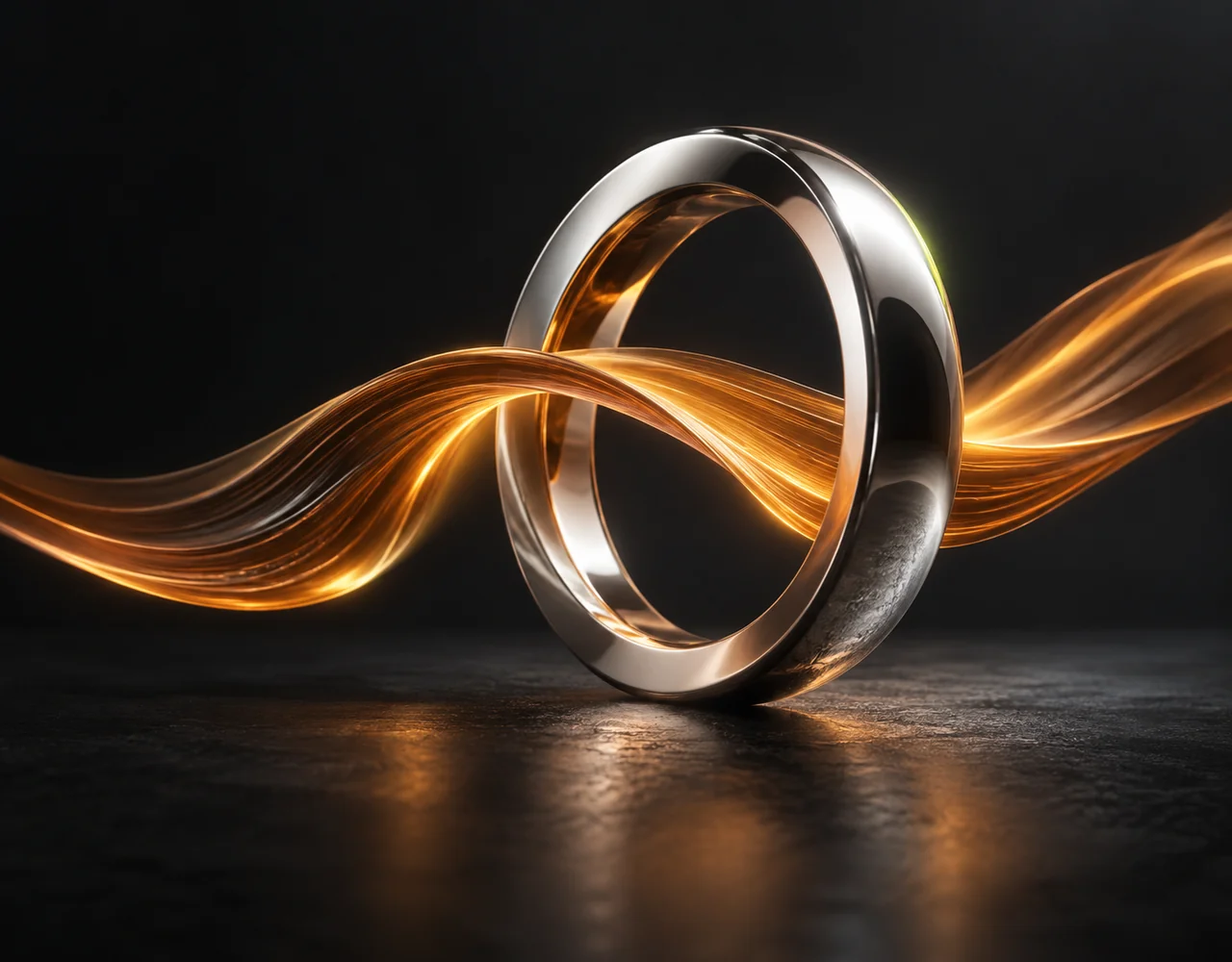 eleven v4 turbo editorial cover: a swift amber sound ribbon passing through a polished silver ring, dynamic concise silhouette