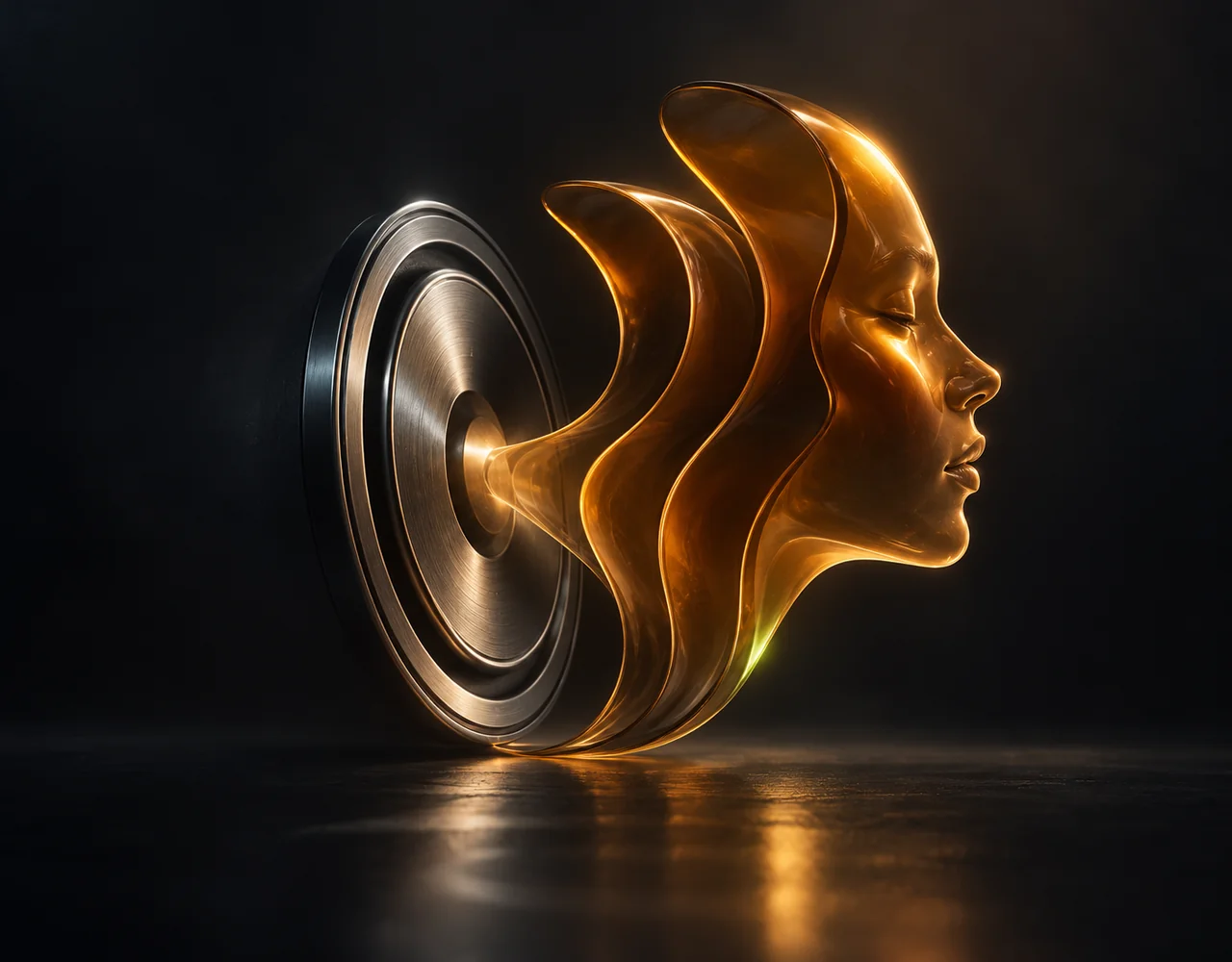 eleven v4 editorial cover: a warm amber glass human profile formed from three smooth acoustic contours emerging from a silver diaphragm