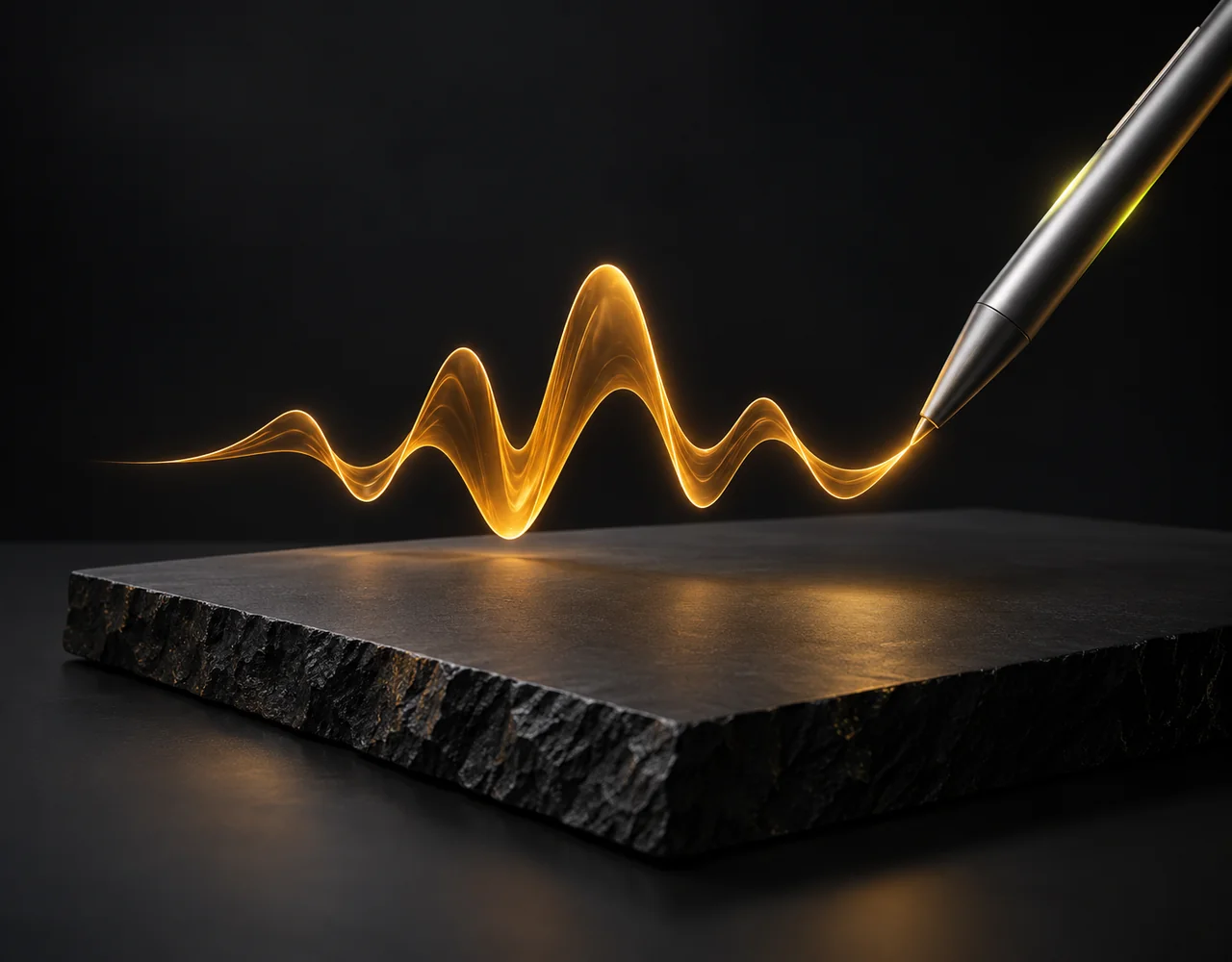 scribe v2 editorial cover: a silver stylus tracing one amber sound contour above a clean blank charcoal slab, no actual writing