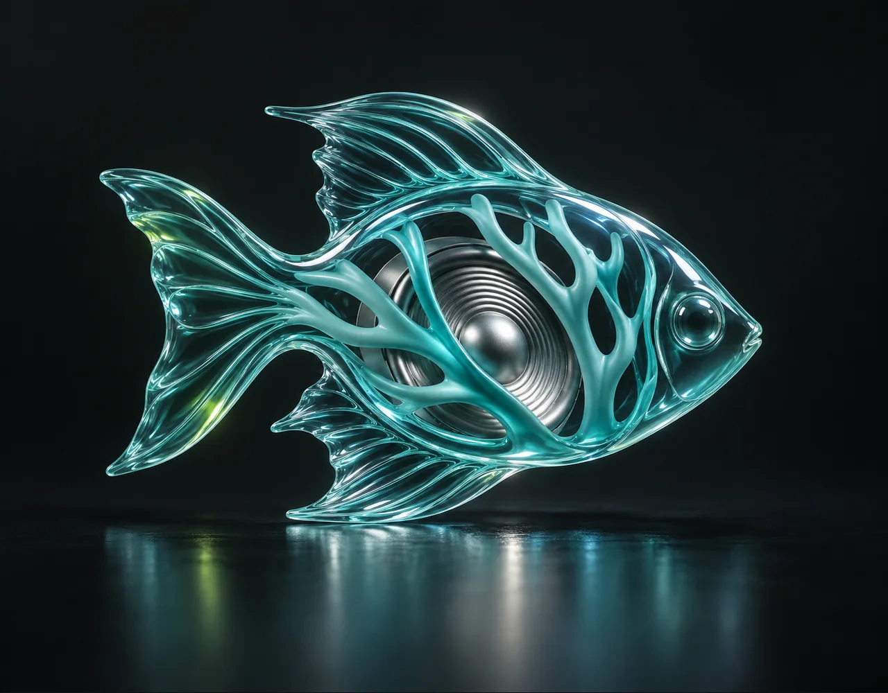 Fish Audio S2.1 Pro editorial cover: a turquoise glass fish silhouette formed from smooth coral acoustic contours above a silver diaphragm