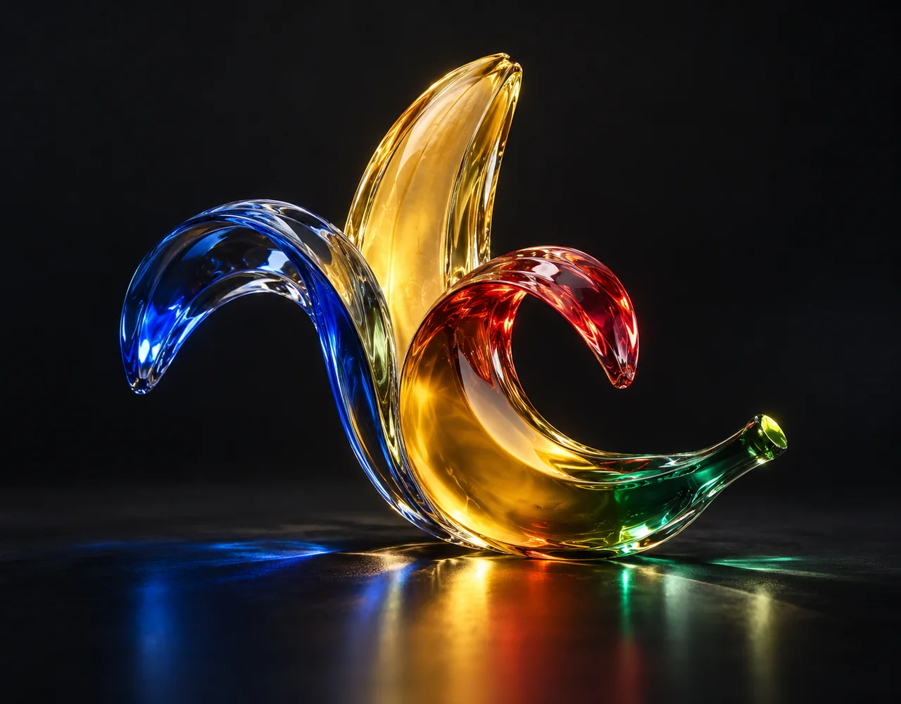 Nano Banana 2.1 editorial cover: a newly unfurling golden banana-shaped glass leaf, three clear facets catching sharply separated blue, red and emerald light
